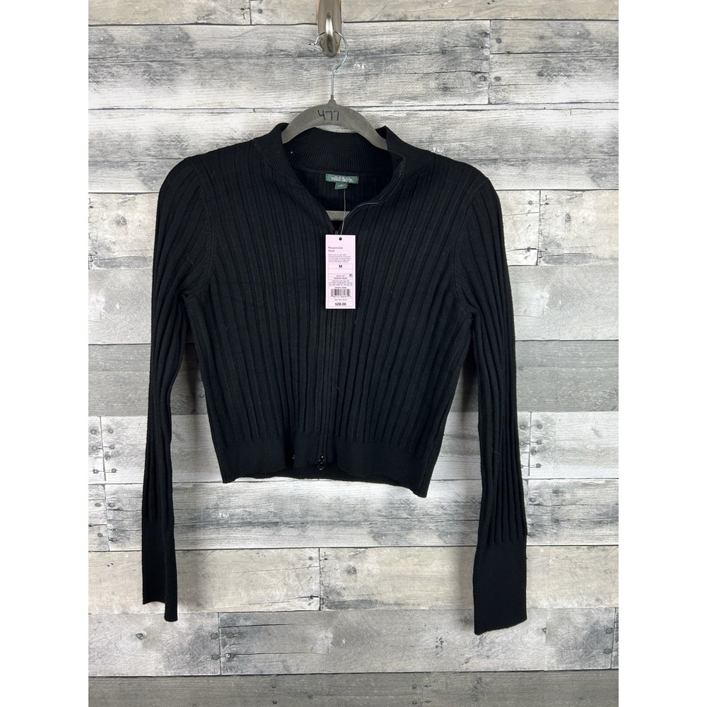 Wild Fable Women's Black Textured Medium Cropped Zip Up Sweater